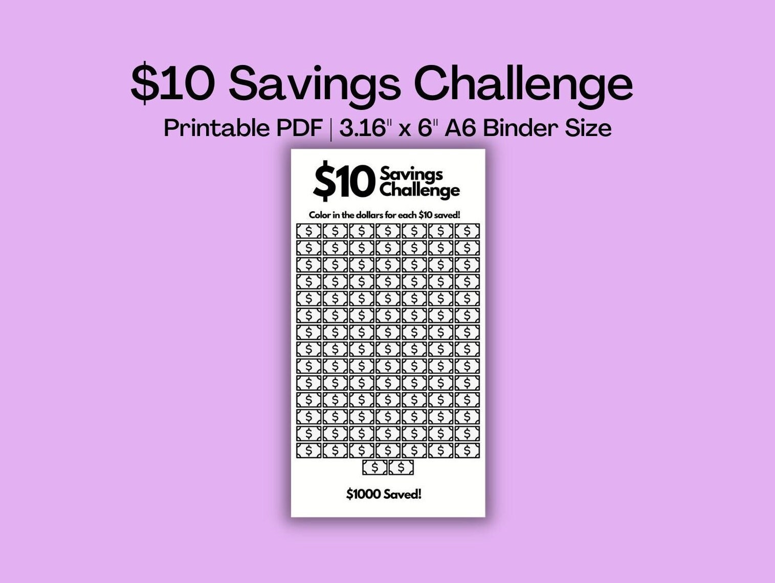10 Dollar Savings Challenge | Printable PDF A6 Size | Cash Budgeting - Etsy