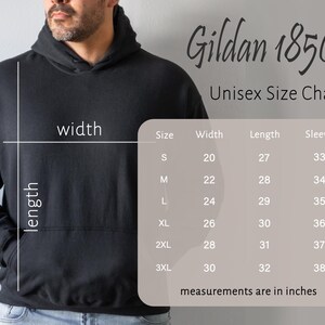 May include: A black hooded sweatshirt with a front pocket. The image includes a size chart for the Gildan 18500 unisex hoodie, with measurements in inches for width, length, and sleeve length. The chart includes sizes S to 3XL.