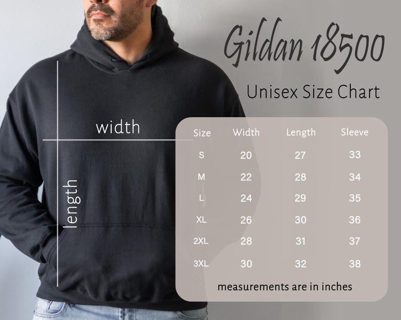May include: A black hooded sweatshirt with a front pocket. The image includes a size chart for the Gildan 18500 unisex hoodie, with measurements in inches for width, length, and sleeve length. The chart includes sizes S to 3XL.