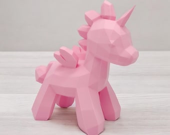 Leuk eenhoornstandbeeld, eenhoorndecoratie, kleurrijk eenhoornmodel, geometrische eenhoornfiguur, fantasie eenhoorndecor