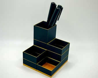 Gold Accented Pencil Holder, Office Supplies Organizer, Black Pencil Holder With Gold Accents, Perfect For Work, Home Office Desk