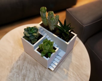 Mini Zen Succulent Planter For Desktop or Table, Perfect Desktop Planter For Cactus & Succulents, Terrace Style Mini Planter With Staircase