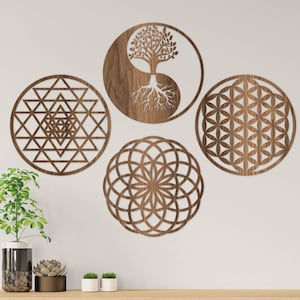 Sacred Geometry Wooden Wall Art, Flower of Life, Yin Yang Tree, Sri Yantra, Torus Set of 4, Wall Decoration, Housewarming - Livingroom Gift