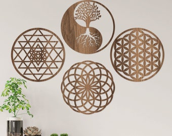 Ensemble de 4 oeuvres d'art mural en bois géométrie sacrée, fleur de vie, arbre Yin Yang, Sri Yantra, tore, décoration murale, pendaison de crémaillère - Cadeau pour salon