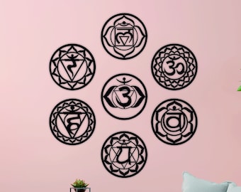 Zeven Chakra Wall Art Set, Yoga Room Decor, Chakra Symbolen Mandala Wanddecoratie, Houten Muur Decor, Inwijdingsfeest Cadeau, Decor van het huis