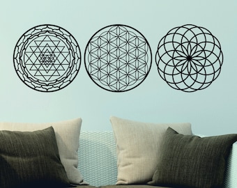 Sacred Geometry Wooden Wall Art, Flower of Life, Sri Yantra, Torus Set of 3, Wall Decoration, Housewarming Gift, Livingroom Gift