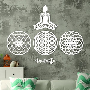 Sacred Geometry Wooden Wall Art, Flower of Life, Sri Yantra, Torus, Yoga, Nameste Set of 5,  Housewarming Gift, Livingroom Gift