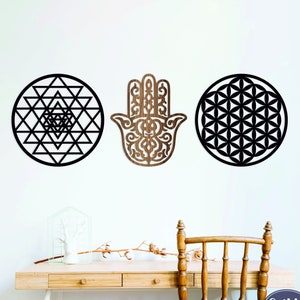Sacred Geometry Wooden Wall Art, Flower of Life, Sri Yantra, Hamsa Set of 3, Wall Decoration, Housewarming Gift, Livingroom Gift