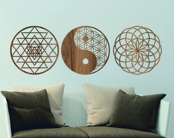 Art mural en bois géométrie sacrée, fleur de vie Yin Yang, Sri Yantra, tore, lot de 3, décoration murale, cadeau de pendaison de crémaillère, cadeau de salon