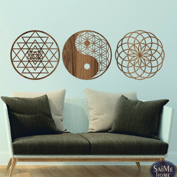 Sacred Geometry Wooden Wall Art, Flower of Life Yin Yang, Sri Yantra, Torus Set of 3, Wall Decoration, Housewarming Gift, Livingroom Gift