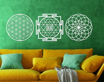 Sacred Geometry Wooden Wall Art, Flower of Life, Sri Yantra, Torus Set of 3, Wall Decoration, Housewarming Gift, Livingroom Gift