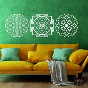 Sacred Geometry Wooden Wall Art, Flower of Life, Sri Yantra, Torus Set of 3, Wall Decoration, Housewarming Gift, Livingroom Gift