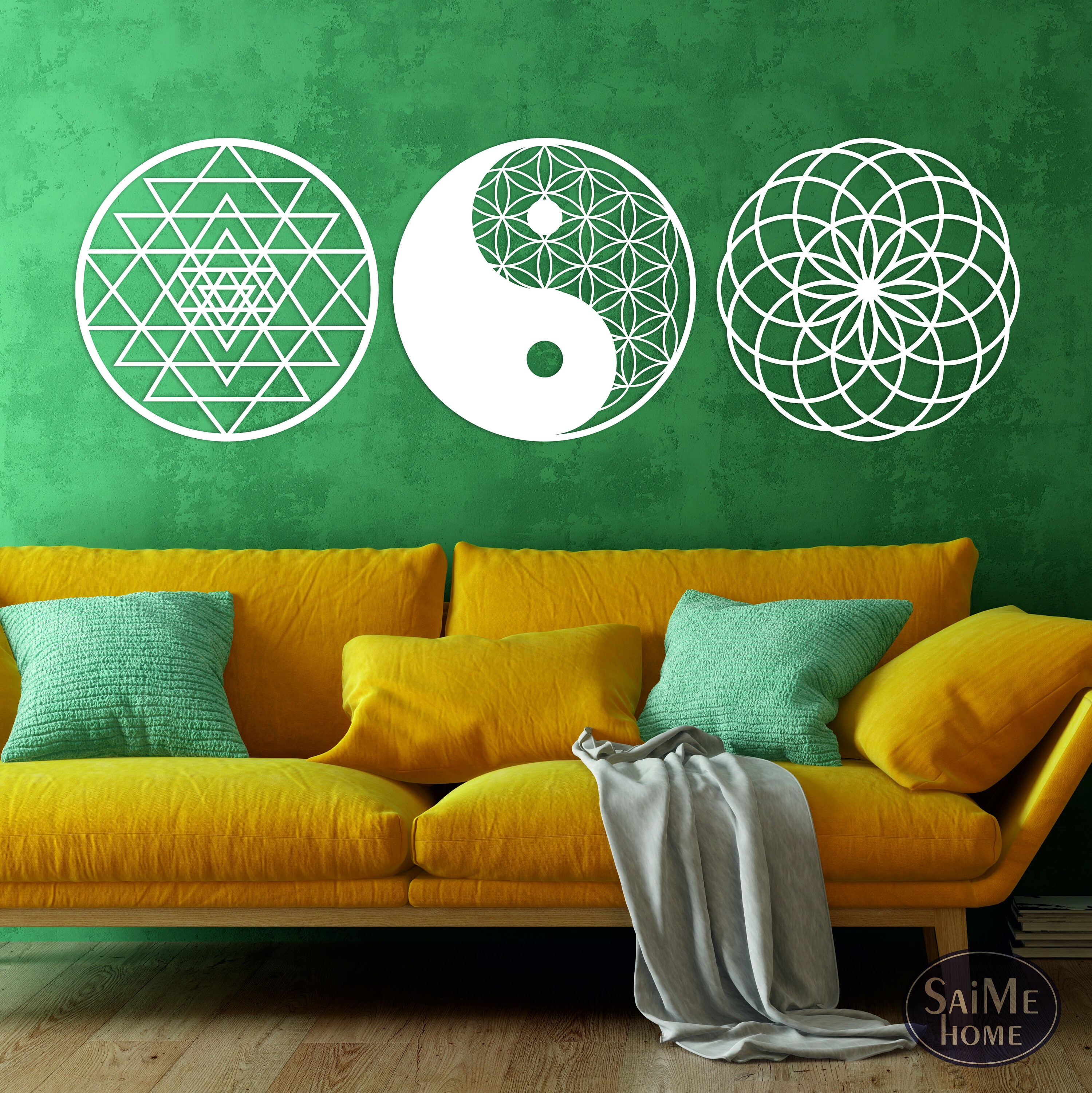 Sacred Geometry Wooden Wall Art, Flower of Life Yin Yang, Sri Yantra ...