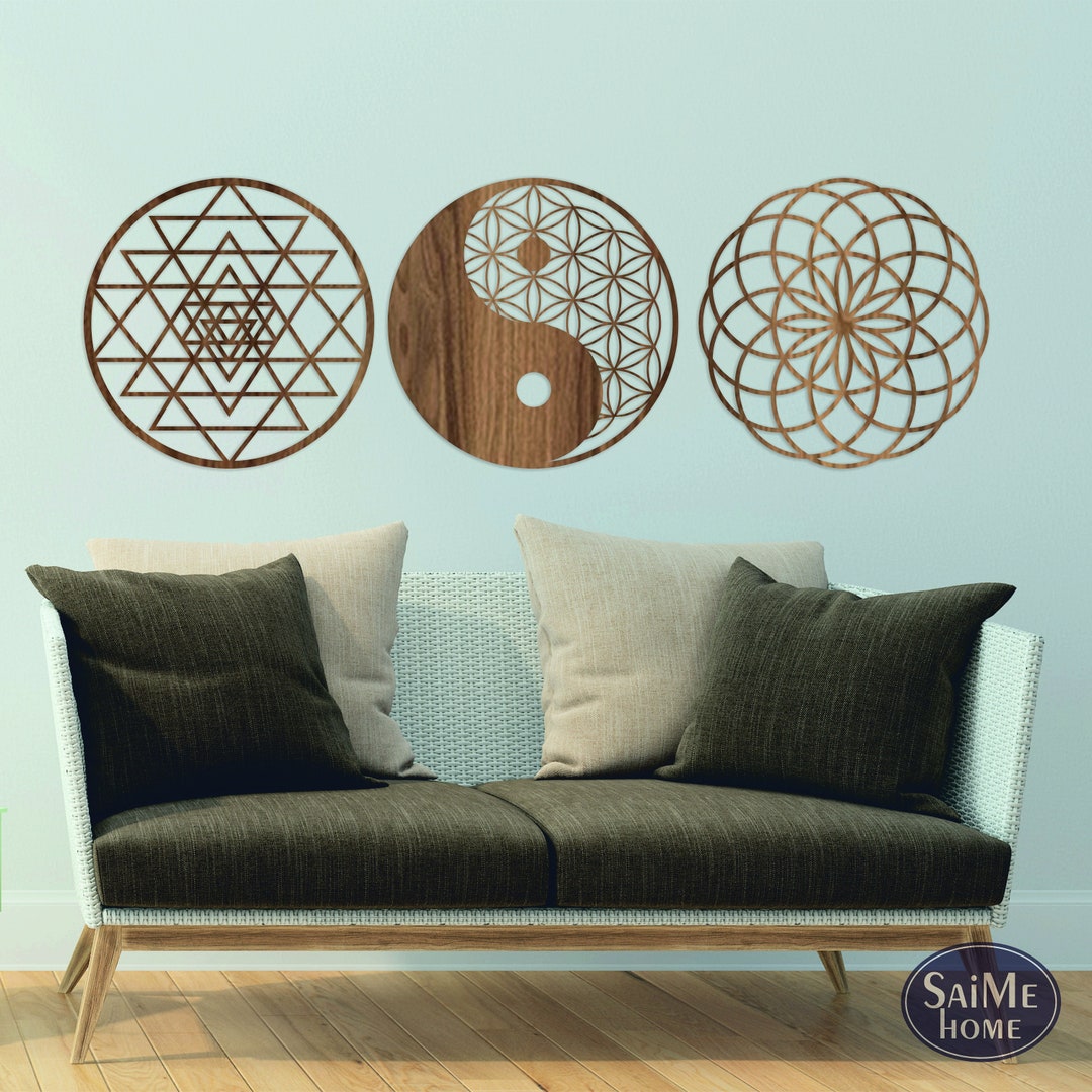 Sacred Geometry Wooden Wall Art, Flower of Life Yin Yang, Sri Yantra ...