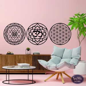 Sacred Geometry Wooden Wall Art, Flower of Life, Sri Yantra, Om Set of 3, Wall Decoration, Housewarming Gift, Livingroom Gift