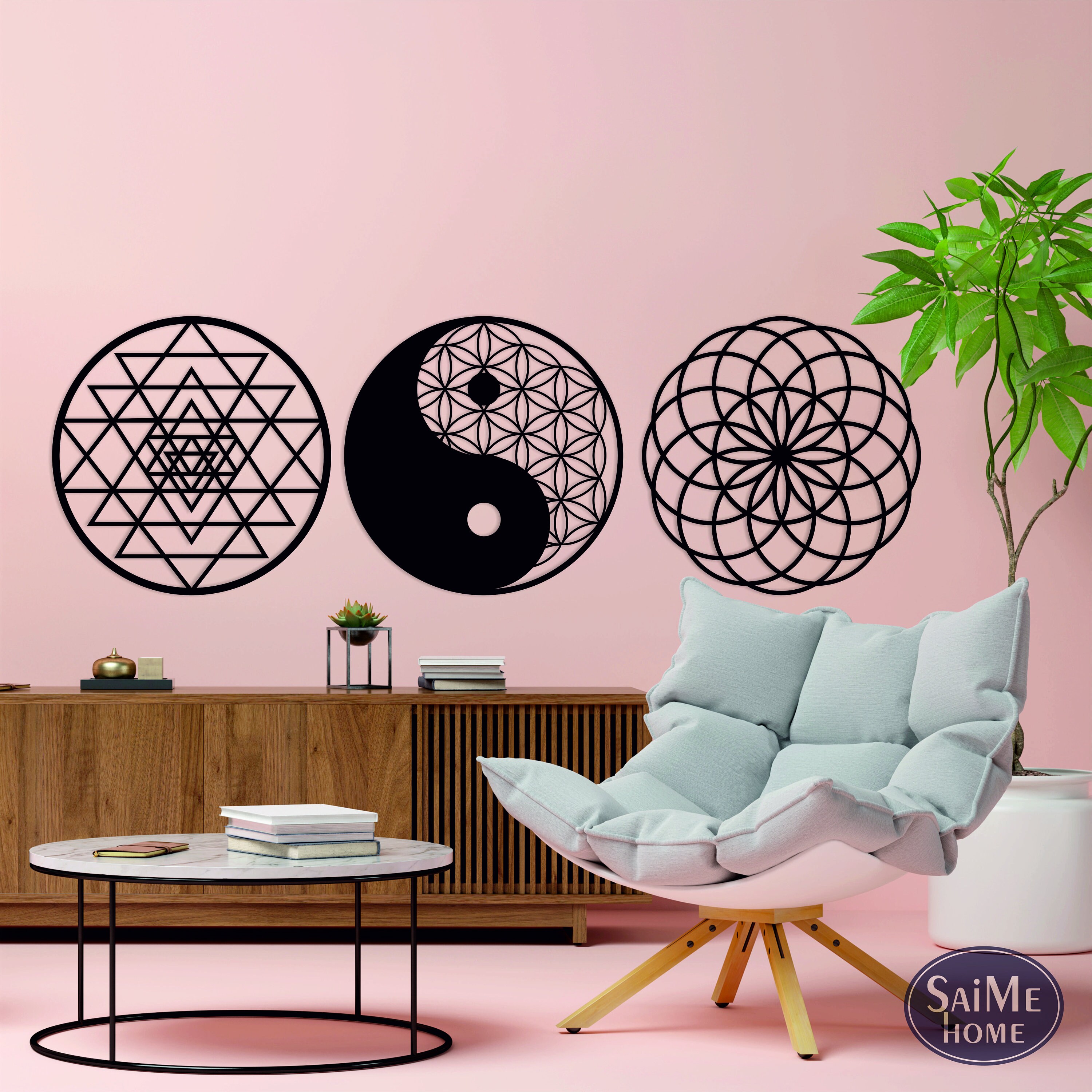 Sacred Geometry Wooden Wall Art, Flower of Life Yin Yang, Sri Yantra ...