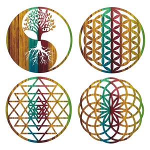 Sacred Geometry Wooden Wall Art, Flower of Life, Yin Yang Tree, Sri Yantra, Torus Set of 4, Wall Decoration, Housewarming - Livingroom Gift