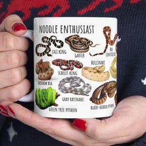 Könnte beinhalten: Weiße Keramik-Tasse mit dem Text "NOODLE ENTHUSIAST" und Illustrationen verschiedener Schlangenarten, darunter Cali King und Garter. Die Tasse wird von einer Person in einem dunkelblauen Pullover gehalten.
