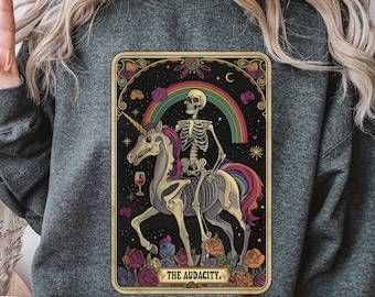 Moletom com cartas de tarô The Audacity Skeleton, gola redonda de tarô, unicórnio esqueleto engraçado, suéter de tarô engraçado, roupas de bruxa, presente de adivinhação