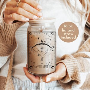 Sagittarius Glass Tumbler, Zodiac Star Sign Glass Cup, With Lid and Straw, Sagittarius Gift, December Star Sign Astrology Gift Constellation