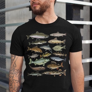 Fish Shirt, Fishing Gift, Fisherman Tee, Mens Fishing Tee, Striped Bass, Rainbow Trout, Pike, Salmon, Crappie, Catfish, Camping Angler Gift