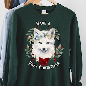 Fox Sweatshirt, White Fox Crewneck, Arctic Fox Shirt, Foxy Christmas Sweater, Fox Xmas Gift, Christmas Fox Gift, Merry Christmas Sweater