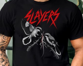 Slayers Band Shirt, Loggerhead Shrike, Butcher Bird, Funny Bird Shirt Metal Band Parody Tee, Metalhead Gift, Birdwatching Gift, Thrash Metal