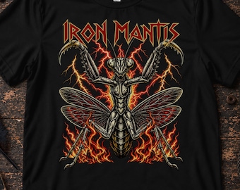 Iron Mantis Shirt, Heavy Metal Band Parody Tee, Praying Mantis Shirt, Classic Metal Shirt, Metalhead Gift, Mantis Lover, Insect Nerd Gift
