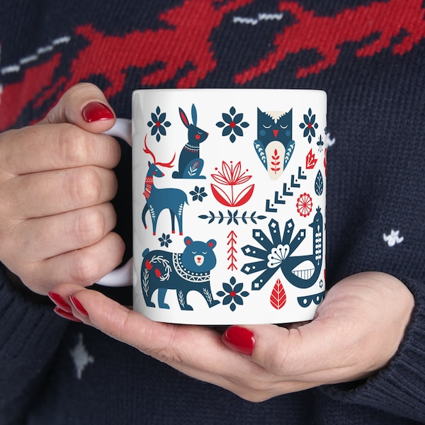 Scandinavian Mug, Hygge, Floral Folk Art, Nordic Mug, Nordic Folk Art, Finnish Animal, Christmas Mug, Swedish Gifts, Nordic Christmas Gift