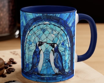 Penguin Mug, Stained Glass Mug, Penguin Lover Gift, Penguin Gift, Blue Aesthetic, Icy Blue Coffee Cup, Emperor Penguin, Stained Glass Design