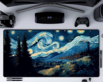 May include: A blue and yellow starry night themed mousepad with a dark silhouette of trees in the foreground. The mousepad has a black border.