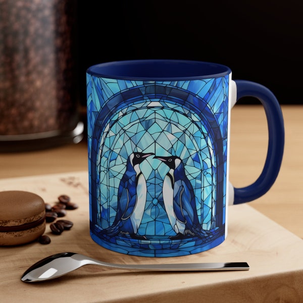 Penguin Mug, Stained Glass Mug, Penguin Lover Gift, Penguin Gift, Blue Aesthetic, Icy Blue Coffee Cup, Emperor Penguin, Stained Glass Design