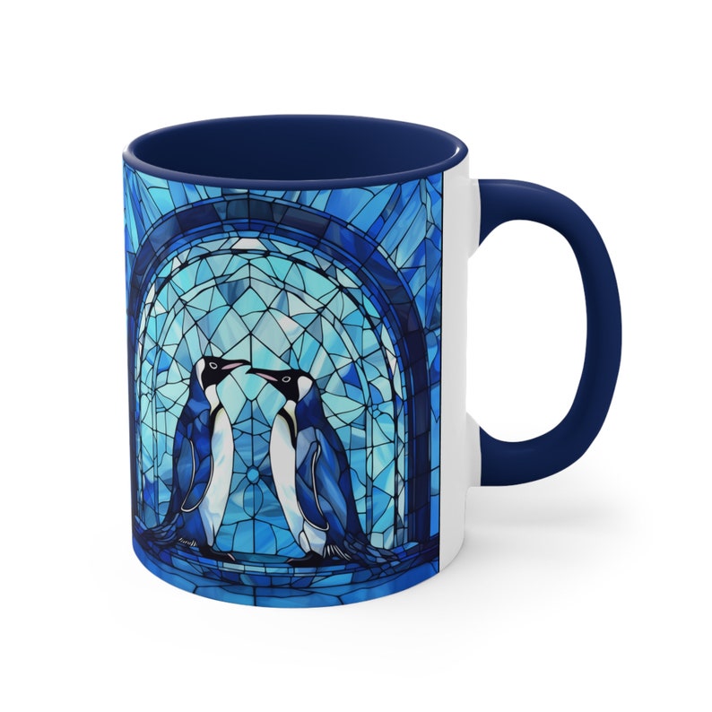 Pinguin-Becher, Buntglasbecher, Pinguin-Liebhaber-Geschenk, Pinguin-Geschenk, blaue Ästhetik, eisblaue Kaffeetasse, Kaiserpinguin, Glasmalerei-Design Bild 4
