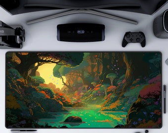 Fantasy Forest Desk Mat, Anime Desk Mat, Green Deskmat, Forestcore, Cottagecore, Mushroom Desk Pad, Large Mouspad, Vibrant Colorful Decor