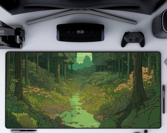 Anime Desk Mat, Green Desk Mat, Ghibli Decor, Cottagecore Deskmat, Green Deskmat Aesthetic, Fantasy Forest Mouspad, Neoprene Gaming Desk Pad