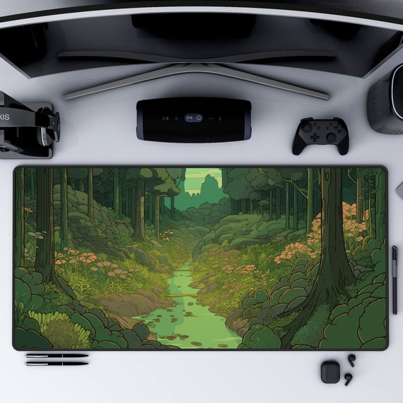 Anime Desk Mat, Green Desk Mat, Ghibli Decor, Cottagecore Deskmat, Green Deskmat Aesthetic, Fantasy Forest Mouspad, Neoprene Gaming Desk Pad