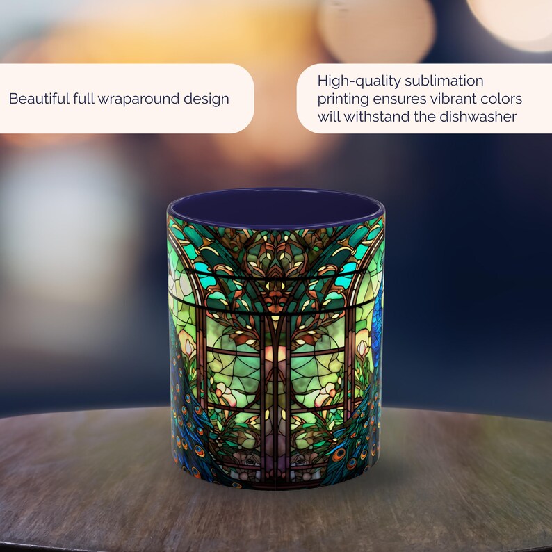 Peacock Mug, Peacock Decor, Stained Glass Mug, Stained Glass Design, Peacock Gifts, Bird Lover Gift, Peacock Feather Cup, Peacock Coffee Mug image 3