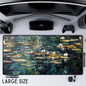 May include: A large, rectangular mousepad with a painting of water lilies on a pond. The painting is in a style reminiscent of Impressionism, with loose brushstrokes and a focus on light and color. The water lilies are white and pink, and the pond is a deep blue-green. The mousepad is perfect for gamers and anyone who wants to add a touch of art to their desk.