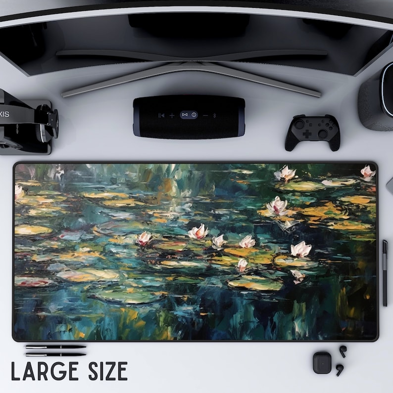 May include: A large, rectangular mousepad with a painting of water lilies on a pond. The painting is in a style reminiscent of Impressionism, with loose brushstrokes and a focus on light and color. The water lilies are white and pink, and the pond is a deep blue-green. The mousepad is perfect for gamers and anyone who wants to add a touch of art to their desk.