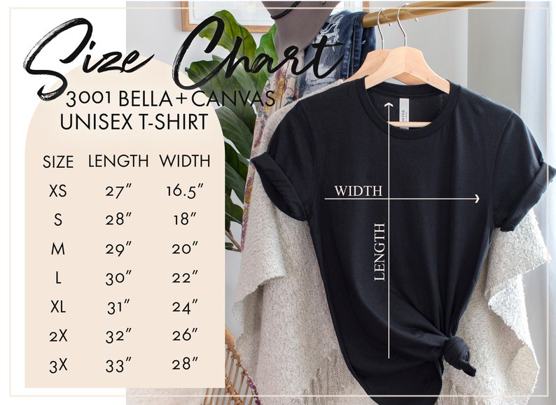 May include: Size chart for a unisex t-shirt made by Bella + Canvas. The chart shows the length and width in inches for sizes XS to 3X.