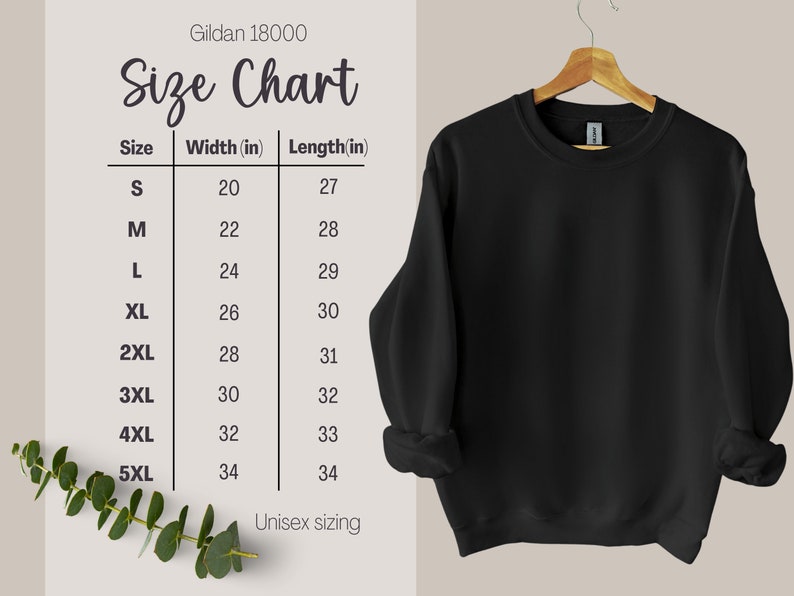 May include: Size chart for a black Gildan 18000 sweatshirt. The chart shows the width and length in inches for sizes S through 5XL.