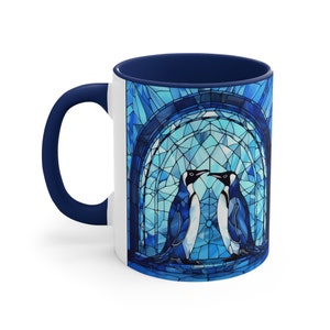 Pinguin-Becher, Buntglasbecher, Pinguin-Liebhaber-Geschenk, Pinguin-Geschenk, blaue Ästhetik, eisblaue Kaffeetasse, Kaiserpinguin, Glasmalerei-Design Bild 2