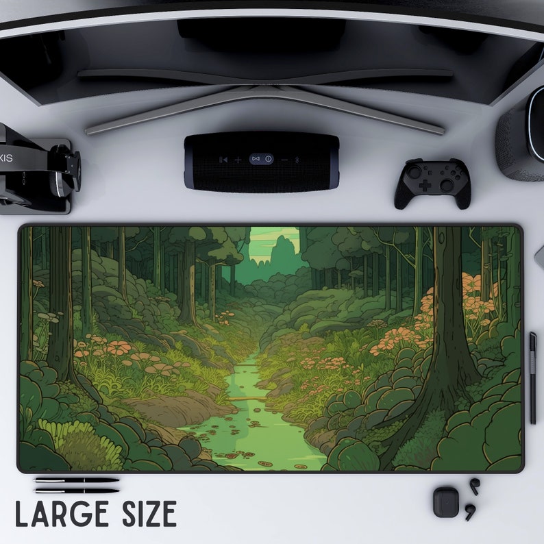 May include: A green and brown illustrated forest scene with a winding stream running through the center. The stream is surrounded by trees, rocks, and foliage. The scene is depicted in a cartoon style.