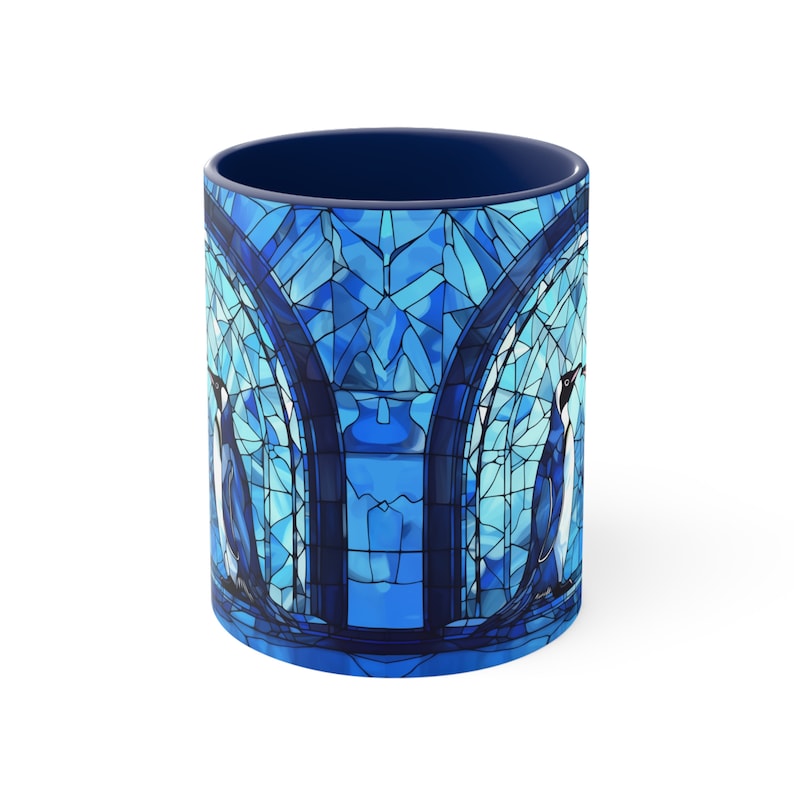 Pinguin-Becher, Buntglasbecher, Pinguin-Liebhaber-Geschenk, Pinguin-Geschenk, blaue Ästhetik, eisblaue Kaffeetasse, Kaiserpinguin, Glasmalerei-Design Bild 3