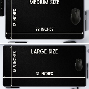 May include: Two black mouse pads with white text and measurements in inches. The top mouse pad is labeled "MEDIUM SIZE" and measures 22 inches by 12 inches. The bottom mouse pad is labeled "LARGE SIZE" and measures 31 inches by 15.5 inches.