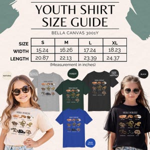 Puede incluir: Gu&iacute;a de tallas de camisetas juveniles con medidas en pulgadas. La imagen muestra una tabla de tallas y varias camisetas en varios colores, incluyendo natural, gris atl&eacute;tico, verde bosque, gris oscuro jaspeado, azul royal y negro. Cada camiseta presenta el texto "NOODLE ENTHUSIAST".