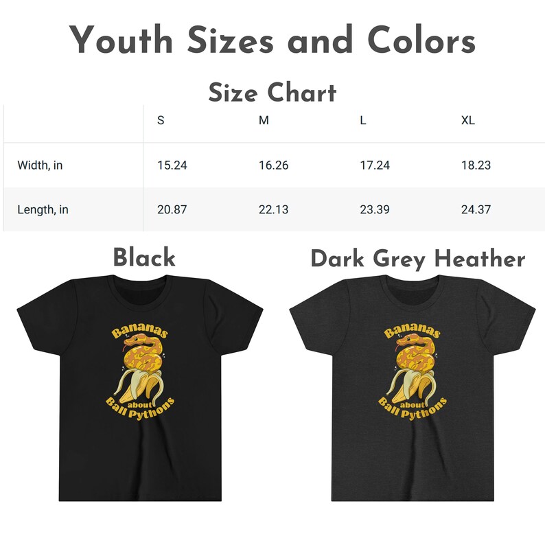 Op de afbeelding: T-shirt in kindermaat in zwart en donkergrijs met een afbeelding van een cartoon slang die een banaan eet en de tekst "Bananas about Ball Pythons". Maattabel inbegrepen met afmetingen in inches.