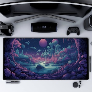 Tapis de bureau espace violet, tapis de bureau intergalactique, tapis de souris planète extraterrestre, tapis de souris de jeu cosmique, tapis de jeu en néoprène, esthétique bleu