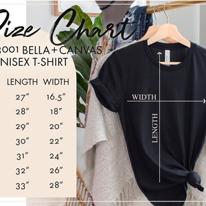 Op de afbeelding: Maattabel voor een unisex t-shirt van Bella + Canvas. De tabel toont de lengte en breedte in inches voor maten XS tot 3X.