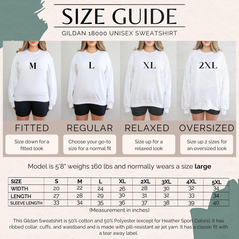 Op de afbeelding: Maattabel voor een Gildan 18000 unisex sweatshirt. De gids toont hoe de sweatshirt past, van getailleerd tot oversized, met afmetingen in inches. Het model is 173 cm lang, weegt 72,5 kg en draagt maat large.